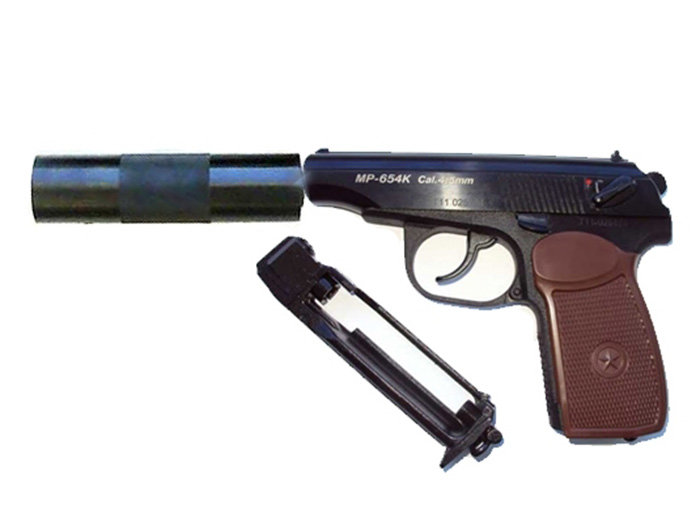 Пневматический пистолет МР-654К-22 с фальшглушителем обн. ручка